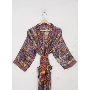 Kimono Sari de Seda Étnica Reciclada para Mujer, Maxi Bata Japonesa Vintage con Cuello en V y Cordón, Cubierta de Bikini, Patchwork Frontal Transpirable - Product Image 2