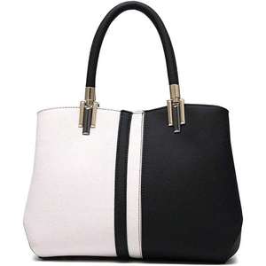 กระเป๋าใส่เอกสารของผู้หญิงหนังแท้สีดำด้ามจับกว้างเปิดปิดได้แนวเดียวบุด้วยผ้าฝ้ายสีน้ำเงินอมเขียวมีสไตล์ - Product Image 4