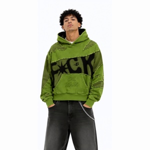 Sweat à capuche oversize personnalisé effet vieilli en molleton épais patchwork streetwear à épaules tombantes - Product Image 2