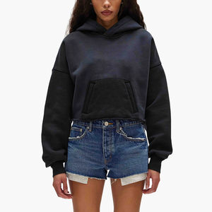 Sudadera recortada de alta calidad, Diseño de manga en contraste, mezcla de algodón suave con capucha, estilo informal de invierno, bolsillo frontal, longitud corta - Product Image 4