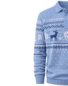 Suéter Polo de Punto de Lana Azul Cielo para Hombre, Personalizado por el Fabricante, Invierno, Manga Larga, Patrón Nórdico, Cuello con Botones, Cálido, Informal - Product Image 3