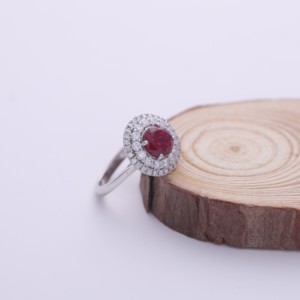 IGI Certified Round Ruby Double Halo Diamond <b>Ring</b> in 18K White / Rose & Yellow Gold - Product Image 6