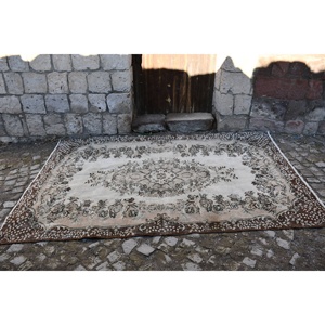 Tapis turc vintage classique beige marron 5.6x9,3 pieds grande surface patchwork laine avec support en latex pour couloir ou chambre à coucher - Product Image 4