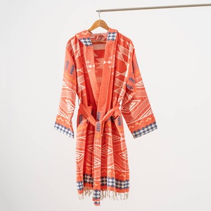 Albornoz Turco Tribal de Tejido Plano, Color Coral y Azul Marino, Kimono, 100% Algodón - Product Image 1