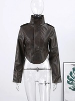 Veste vintage pour femme en similicuir PU satiné imprimé, col montant, manches ballon, style motard, streetwear, rembourrage en coton Erni