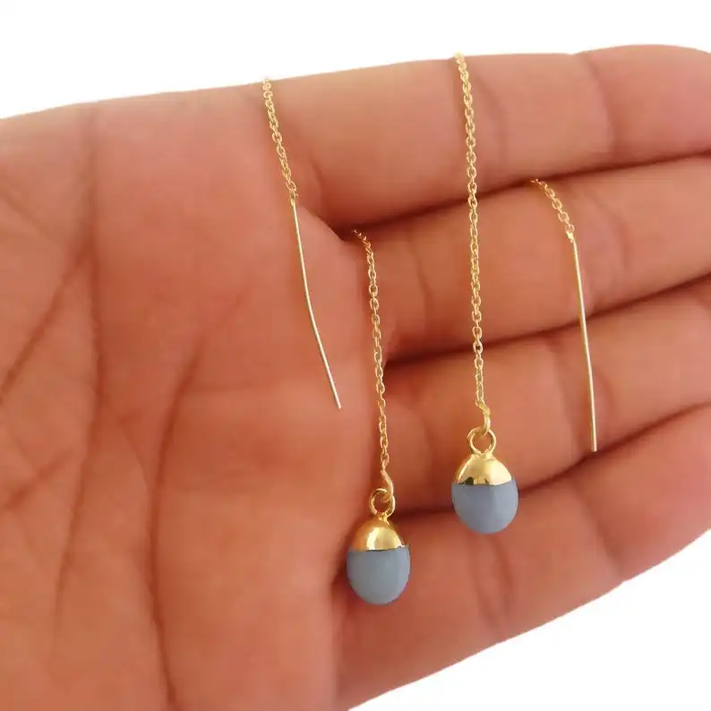 Naturale blu opale gemma Tumble oro Vermeil 925 Sterling Silver Drop Threader orecchino pietra misura 8-10mm 925 orecchini in argento