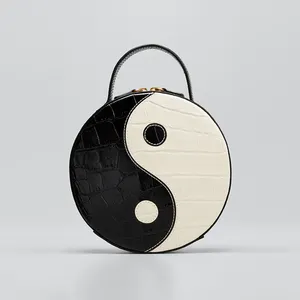 Frauen Vintage Yin Yang Vegan Leder Schulter Umhängetasche Casual Damen Hochwertige runde Umhängetasche Geldbörse Handtaschen