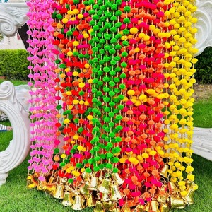 Multicolor indio Pom cadena con campanas boda fiesta Mehndi Holi Festival telón de fondo hogar pared colgante Boho Diwali Decoración - Product Image 3