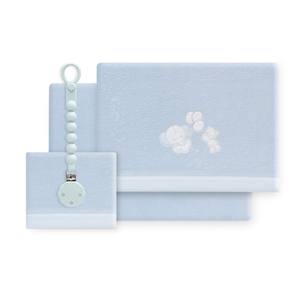 Lot de 3 draps de lit en polaire corail avec porte-sucette, modèle OSO ELEFANTE, motif tissé à l'effigie d'un éléphant - Product Image 1