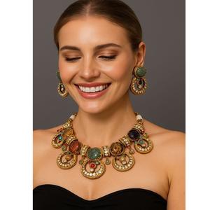Beautiful Best Quality Gold Plated Stones Look Necklace <b>Set</b> With Earrings Function Wedding Party Wear Collection for <b>Women</b> - Product Image 1
