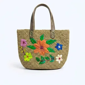 Bolso Tote de Rafia Bordado con Diseño de Baobab y Árbol Floral, Estilo Bohemio, para Playa, Verano, Abierto - Product Image 5
