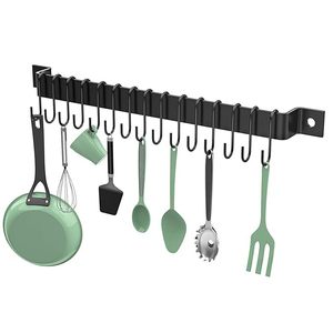 Estante para utensilios de metal negro de 17 pulgadas con 10 ganchos, Riel de cocina, organizador de sartenes, armario colgante, estante para especias, estante para especias - Product Image 1