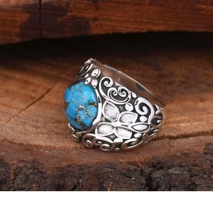 Blue <b>Copper</b> Turquoise Round Ring 925 Sterling Silver Flower <b>Band</b> Wedding Statement Jewelry Gift - Product Image 4