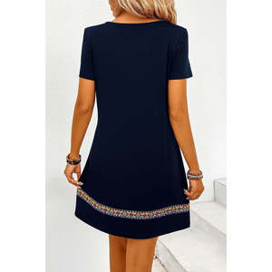 Women's Short-Sleeved V-Neck Ethnic Patterned <b>Viscose</b> <b>Dress</b> with Stripe Detail, 25998 - Navy blue - Product Image 3