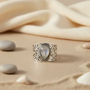 Bague pour femme en argent 925 avec pierre de lune, pierre précieuse, plaqué laiton, sertie de pierres ethniques, en boîte - Product Image 2