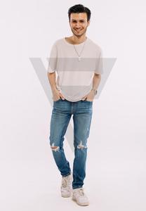 Pantalon coupe ajustée décontracté droit à imprimé vieilli pour hommes taille haute jean skinny côtelé en denim bleu avec fermeture à glissière - Product Image 2