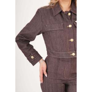 LUSTRIN Women's Gold Buttoned Brown <b>Denim</b> <b>Jacket</b> and Pants Two-Piece Set - Stylish Casual Co-ord Outfit for All Seasons - Product Image 4