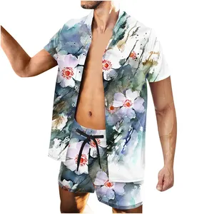 पुरुषों की हवाई शॉर्ट्स सूट संगठन आकस्मिक बटन नीचे छुट्टी फैशन शॉर्ट्स सेट गर्मियों में समुद्र तट दो पीसी सेट