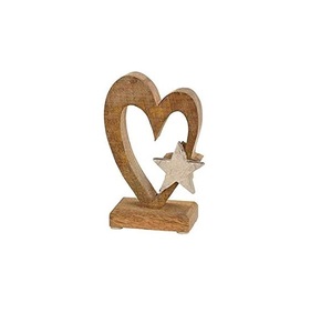 Figura Decorativa Ecológica de Corazón con Estrella de 15 cm, Madera de Mango Sólida, Color Marrón Natural, Estrellas de Metal, Aluminio Plateado, Base Decorativa en Forma de Corazón - Product Image 1