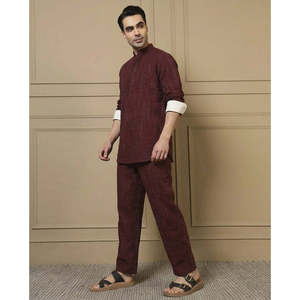 Amanush <b>Men's</b> Maroon Cotton Textured Woven Co-Ord Set Mandarin Collar Full Sleeve Kurta Pant Casual Summer Daily Wear 2 Piece - Product Image 3