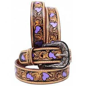 Ranch Horse Cowboy Strap Heart Embossed Design Alloy Buckle Cow <b>Leather</b> Western <b>Belt</b> Floral Hand <b>Tooling</b> - Product Image 2