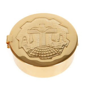 Pyx de comunión de latón grande con tapa y diseño de Cruz para vaso sagrado de la Iglesia Católica para el anfitrión Altar Misa Adoración Uso litúrgico - Product Image 1