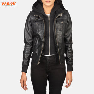 Blouson d'aviateur en cuir noir véritable pour femmes Vêtements d'extérieur d'hiver décontractés, élégants et chauds, col montant, fermeture à glissière, capuche amovible - Product Image 3