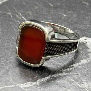 Minimal Modern Masculine Sterling <b>Silver</b> Agate <b>Ring</b> for <b>Men</b> Red Stone Band As Engagement Gift for Husband Boyfriend - Product Image 3