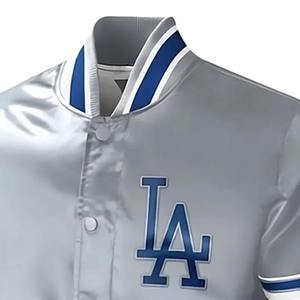 Premium <b>Silver</b> Satin Varsity <b>Jacket</b> Men's Custom Logo Blue Striped Baseball Bomber <b>Jacket</b> Retro Hip Hop Letterman Coat Unisex - Product Image 4