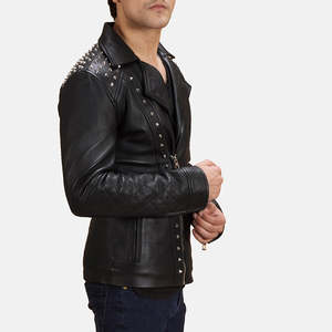 Black Studded Genuine Sheepskin and Cowhide Leather <b>Biker</b> <b>Jacket</b> Reversible Design XS to XL Sizes Autumn Season ODM Coated - Product Image 6