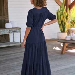 Vestido largo bohemio azul para mujer, vestido largo elegante de verano para mujer, vestido largo holgado de playa para mujer, vestido Maxi escalonado de media manga para vacaciones - Product Image 2