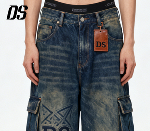 <span class=keywords><strong>Jeans</strong></span> Cargo Vintage Streetwear Blu Scuro con Etichetta Privata in <span class=keywords><strong>Pelle</strong></span>, Stampa Laser, Gamba Larga e Stile Baggy - Product Image 4