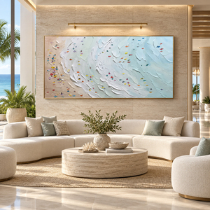 Grande Décoration Murale Peinte à la Main : Plage Aérienne, Huile sur Toile, Nageurs Colorés, Vague Océanique Texturée, Décoration Côtière pour Salon et Hôtel - Product Image 2