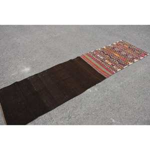 Kilim Alfombra de lana marrón 2,4X8,9 pies hecho a mano turco tejido plano Jacquard técnica felpa látex Patchwork para pasillo rectángulo - Product Image 4