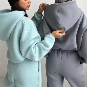 Women's Unisex Winter Set High Quality Solid <b>Thick</b> Oversized Sweatpants and Hoodie Jogger Suit with Custom Logo Cropped Top - Product Image 2