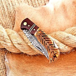 Couteau utilitaire à lame pliante en acier de Damas, manche en bois d'os, étui de transport vertical, poche EDC, chasse, camping, pointe de chute - Product Image 5