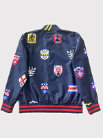 Veste de baseball à badges intégrés, bleu marine, style rétro urbain, col côtelé bicolore, veste à boutons