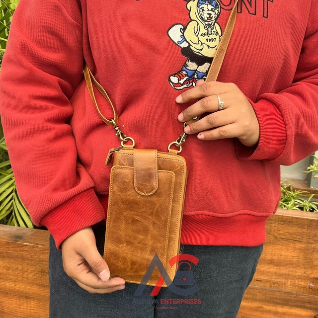 Vintage Full Grain Leather Phone Pouch Bags Women's Wristlet Crossbody Bags Genuine Cow Leather Mobile Phone Shoulder Sling Bags