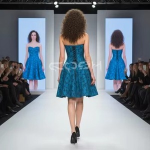 Robe bustier en satin noir avec baleines en acier, décolleté cœur, et corset en dentelle bleue, mini-robe de soirée - Product Image 6