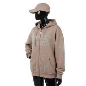 Sudadera con Capucha y Cremallera para Mujer, de Algodón y Poliéster, Color Beige, con Pedrería Brillante, Logotipo Personalizado, Sudadera con Capucha y Cremallera Estilosa - Product Image 4