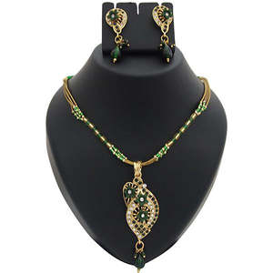 Kriaa Fine Jewelry <b>Set</b> 1200112 Green Meenakari with Austrian Stone and <b>Pearl</b> Pendant - Product Image 1