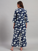 Ensemble Premium Décontracté en Coton Tricoté à Col Mandarin, Manches 3/4, Motif Floral, Fente Courte, Été, Kurti et Palazzo, Boutonné pour Femme |