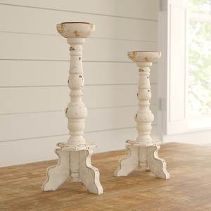 Encantador portavelas de pilar de resina blanca de 2 piezas con acabado de efecto de madera candelabros de poliresina sofisticados para mesa moderna - Product Image 2