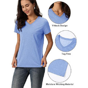 Diseño OEM personalizado 100% algodón sólido color azul claro manga corta cuello en V talla grande camiseta promocional de mujer de Bangladesh - Product Image 5