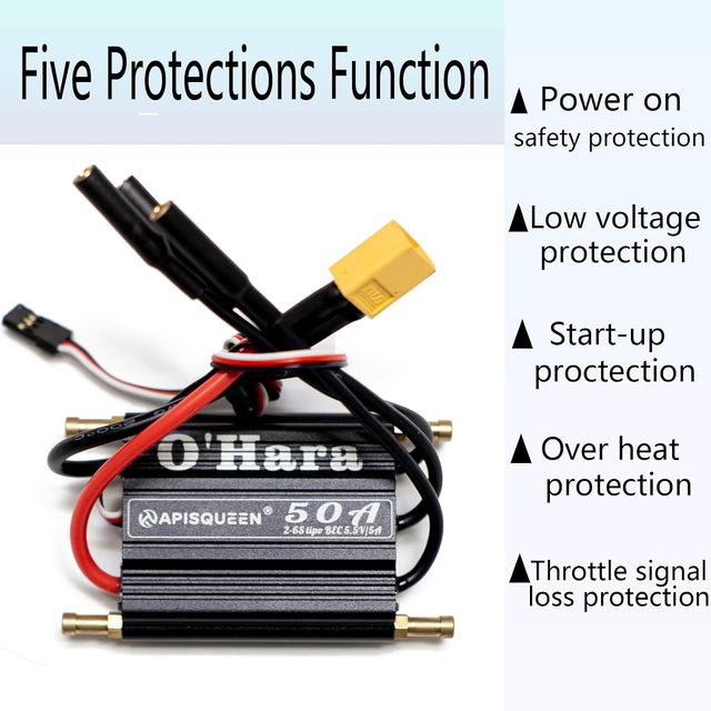 O'Hara 50A 2-6S LiPo ESC Waterproof Brushless Electronic Speed Controller with BEC and XT60 4.0mm Plug for RC Boats Model Ship