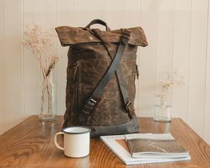 Sac à dos en toile cirée Roll Top hommes femmes marron cire coton et cuir sac à dos ordinateur portable cartable sac Vintage LCB-0013 - Product Image 1