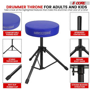 5 Core Drum Throne 3 Thick Padded Memory Foam Comfortable Drummer <b>Stool</b> 330Lb Capacity Adjustable - Product Image 6