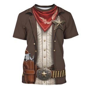 Western Sheriff Print T-<b>Shirt</b> <b>Men</b> Short Sleeve Brown With Red Bandana And Star Badge Casual Wear - Product Image 1