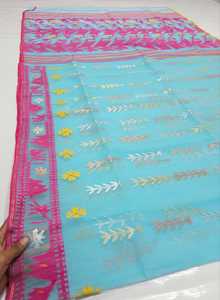 Nouveau Prix Exclusif Pas Cher Deshi Dhakai Jamdani Sharee pour Femme JAMDANI TISSU Bleu ROUGE VERT Doré Bleu Ciel du Bangladesh - Product Image 3