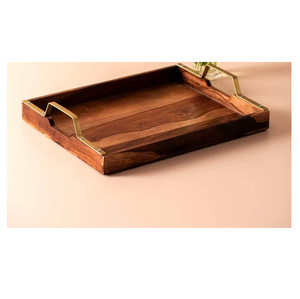 Plateau de service rectangulaire en bois avec poignée en laiton, décoration pour le salon, plateau de service pour le dîner - Product Image 1
